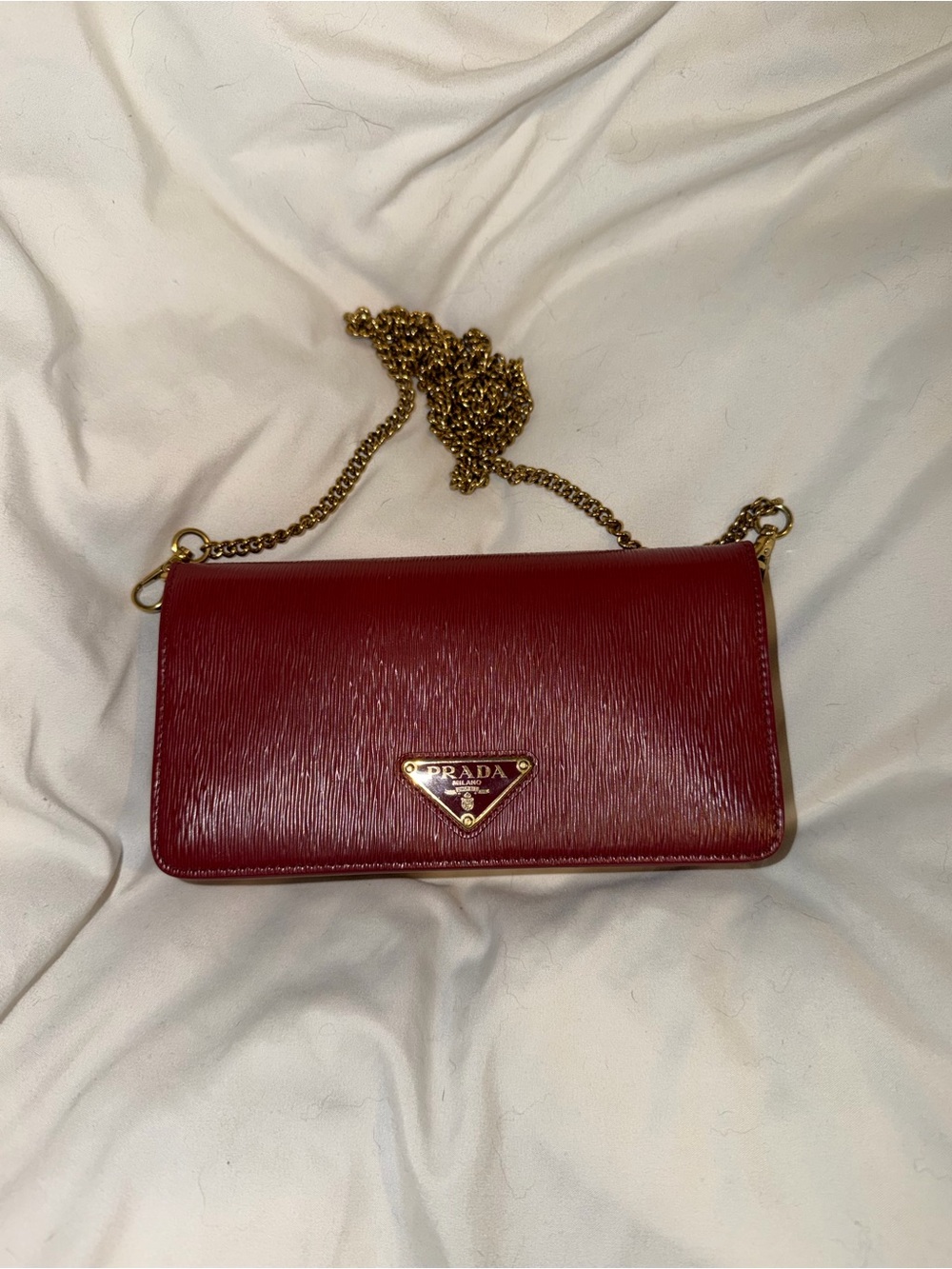 Prada Burgundy Epi Leather Crossbody with Gold Chain
